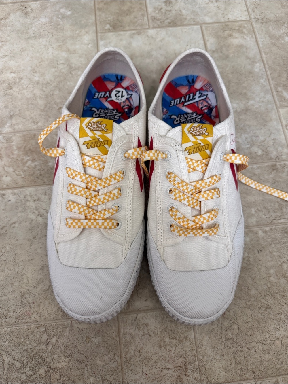 Feiyue Street Fighter White Sneakers with Red Accents and Yellow Check Laces